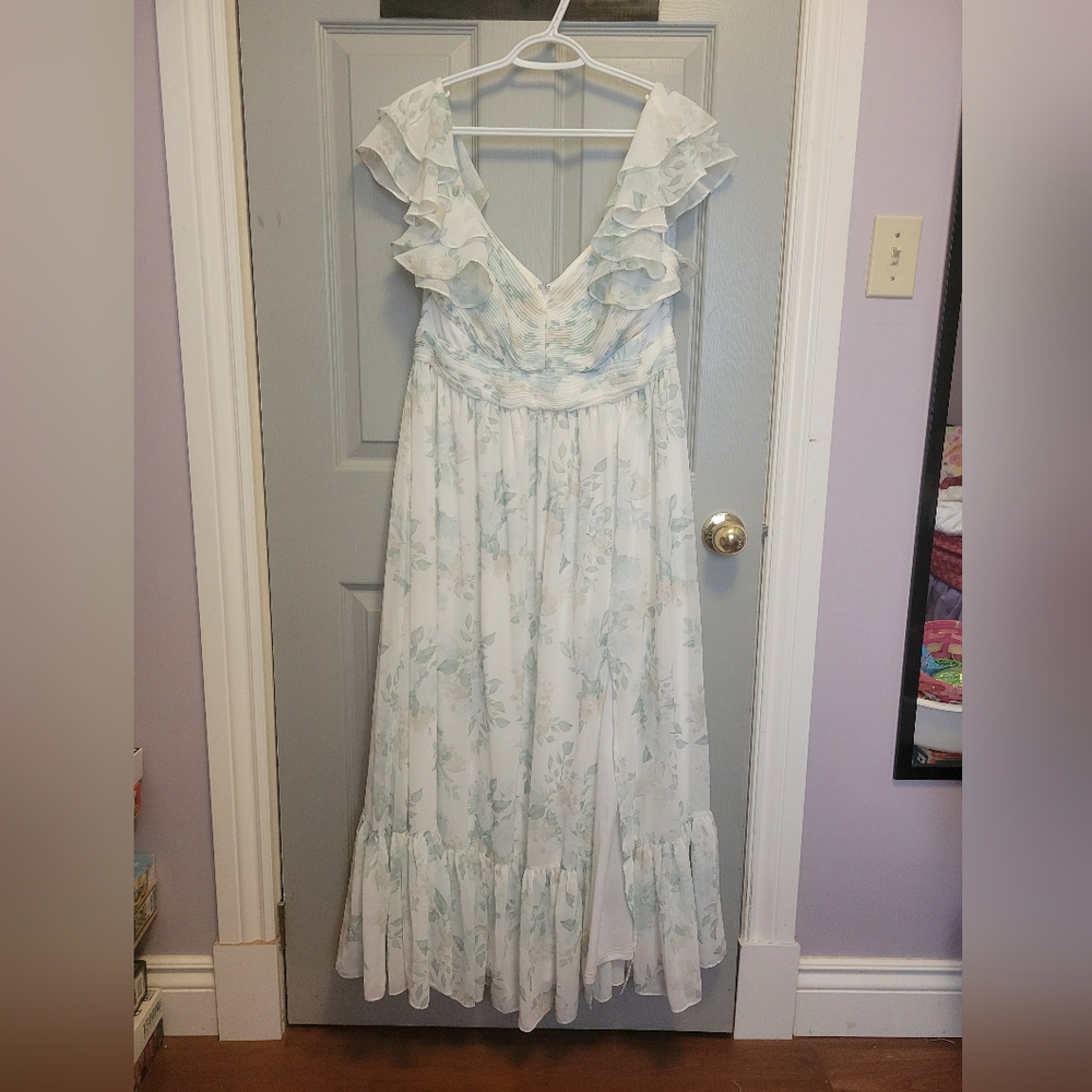 Birdy Grey - White Maxi Dress with Light Green/sage Floral Print, Ruffle V-Neck